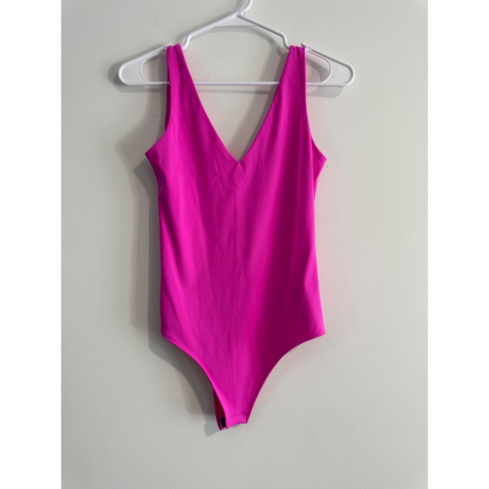 Hot Pink Barbie Festival V-Neck Thong Bodysuit Womens S Sleek Stretch Fabric
